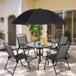 Vongrasig 6 Piece Folding Patio Dining Set,Small Metal Outdoor Garden Patio Table and Chair Set w/Umbrella for Lawn,Deck,Backyard,Black - Image 2