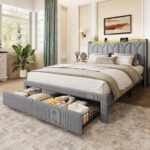 WLIVE Full Size Upholstered Bed Frame with 2 Drawers, Storage Headboard Platform Bed with Charging Station and LED Light, Sturdy Metal & Wooden Slats Support, No Box Spring Needed, Light Grey - Image 2