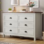 ntique White 6 Drawer Dresser for Bedroom, Farmhouse Wood Chest | Antique white 6 drawer double dresser with vintage handles.Tall rustic wooden chest and storage organizer for bedroom - Image 2