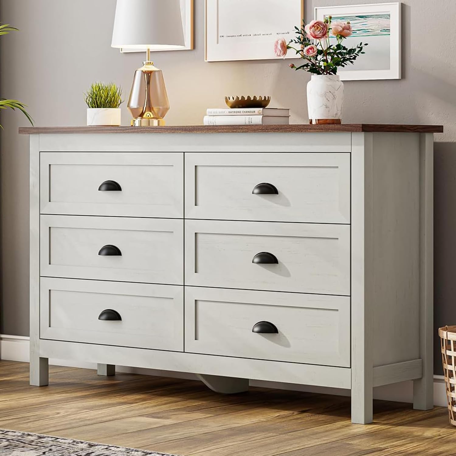ntique White 6 Drawer Dresser for Bedroom, Farmhouse Wood Chest | Antique white 6 drawer double dresser with vintage handles.Tall rustic wooden chest and storage organizer for bedroom - Image 2