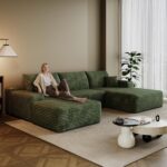 107.7" Boneless Sectional Couch Modern Modular U - Shape Corduroy Upholstered Sofa for Living Room - Deep Seat with Chaise and Ottoman(Green, 2 Seater+Right Facing Chaise+Ottoman) - Image 2
