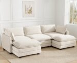 112'' Sectional Modular Cloud Couch, Oversized 5 Seat Couches U Shaped Sofa with 2 Movable Ottomans, 2 Throw Pillows, Upholstered Corduroy U Shape Comfy Deep Couches for Living Room and Office, Beige - Image 2
