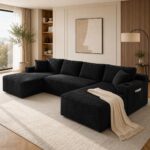 134 Inch Modular Sectional Sleeper Sofa, Boneless Cloud Couch for Living Room, U Shaped 5 Seat Sofa with 2 Storage Pockets& 2 Cup Holders, Free Combination, No Assembly Required (Black) - Image 2