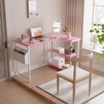 Pamray 40 Inch L Shaped Computer Desk with Reversible Side Storage Shelves, Small Corner Desk for Small Space Home Office, Writing Study Table PC Desk for Bedroom, Pink - Image 3