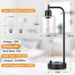 Industrial Bedside Lamps Set of 2, Fully Dimmable Desk Lamps for Bedroom | Glass Shade, USB C+A Charging Port & Outlet, Black Nightstand Table Lamps for Living Room, Office, Reading, Vintage - Image 3