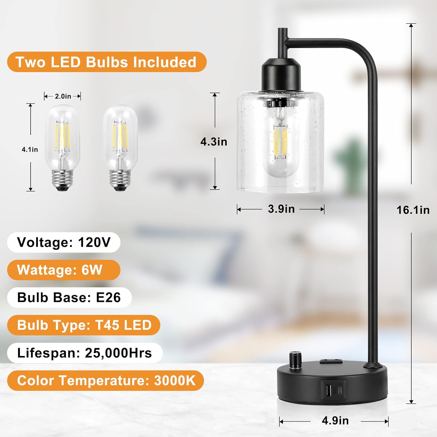Industrial Bedside Lamps Set of 2, Fully Dimmable Desk Lamps for Bedroom | Glass Shade, USB C+A Charging Port & Outlet, Black Nightstand Table Lamps for Living Room, Office, Reading, Vintage - Image 3