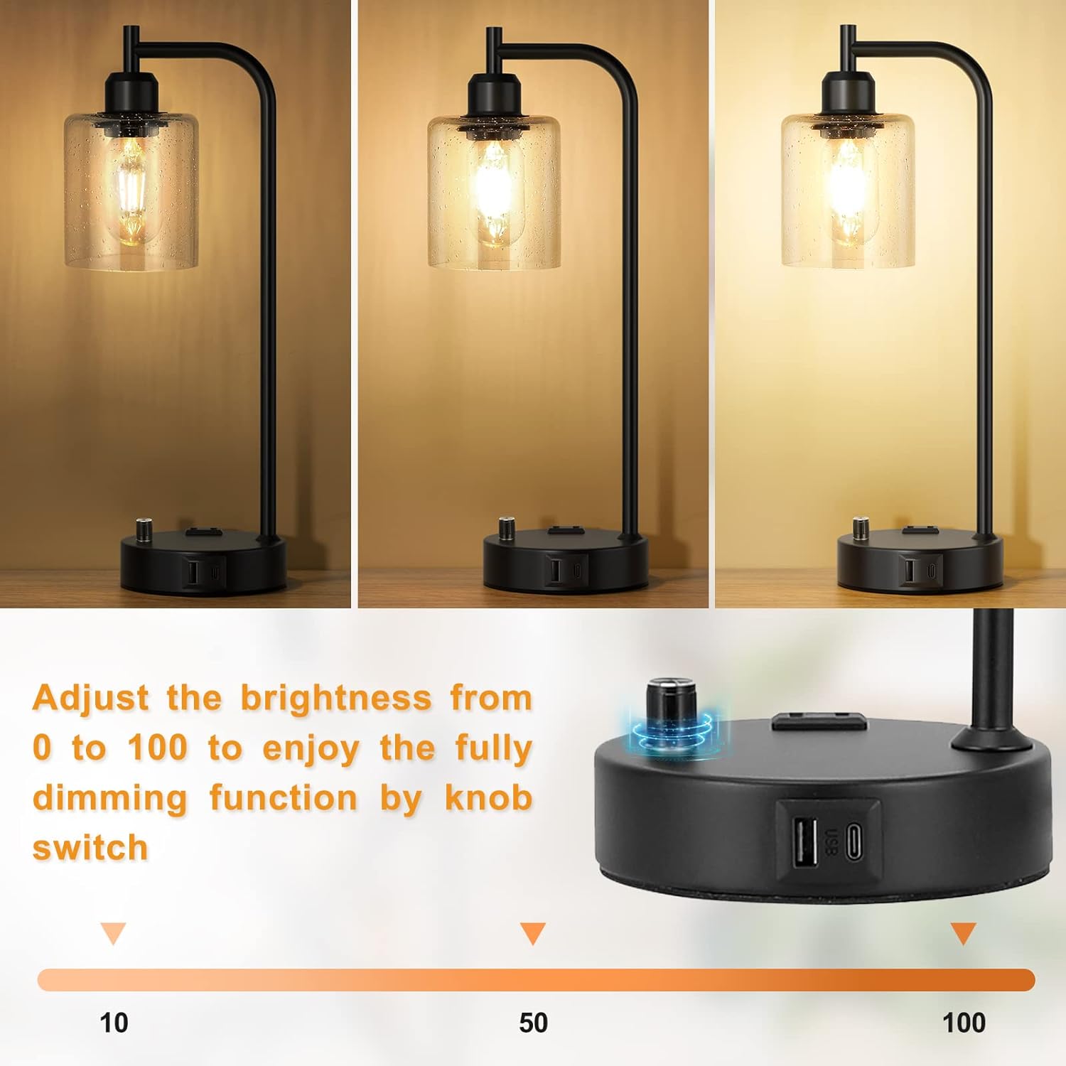 Industrial Bedside Lamps Set of 2, Fully Dimmable Desk Lamps for Bedroom | Glass Shade, USB C+A Charging Port & Outlet, Black Nightstand Table Lamps for Living Room, Office, Reading, Vintage - Image 4