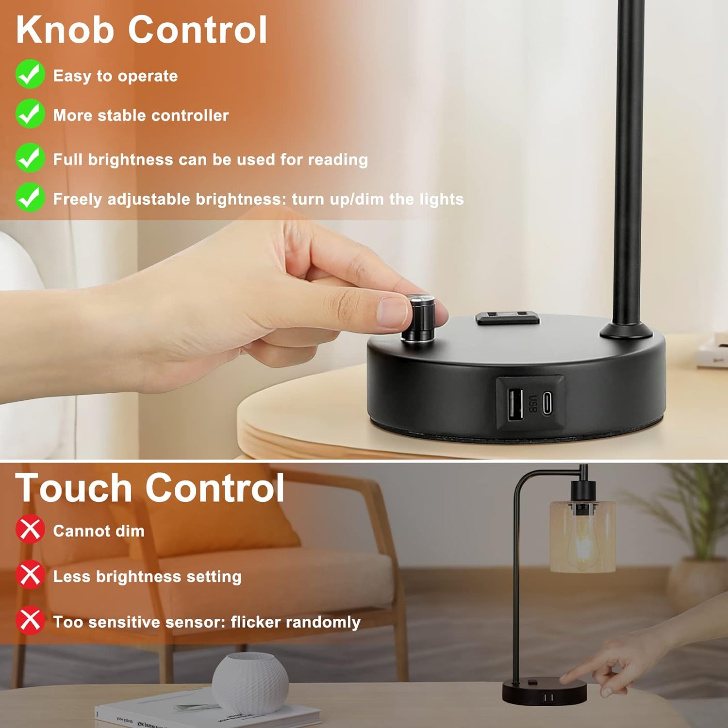 Industrial Bedside Lamps Set of 2, Fully Dimmable Desk Lamps for Bedroom | Glass Shade, USB C+A Charging Port & Outlet, Black Nightstand Table Lamps for Living Room, Office, Reading, Vintage - Image 5