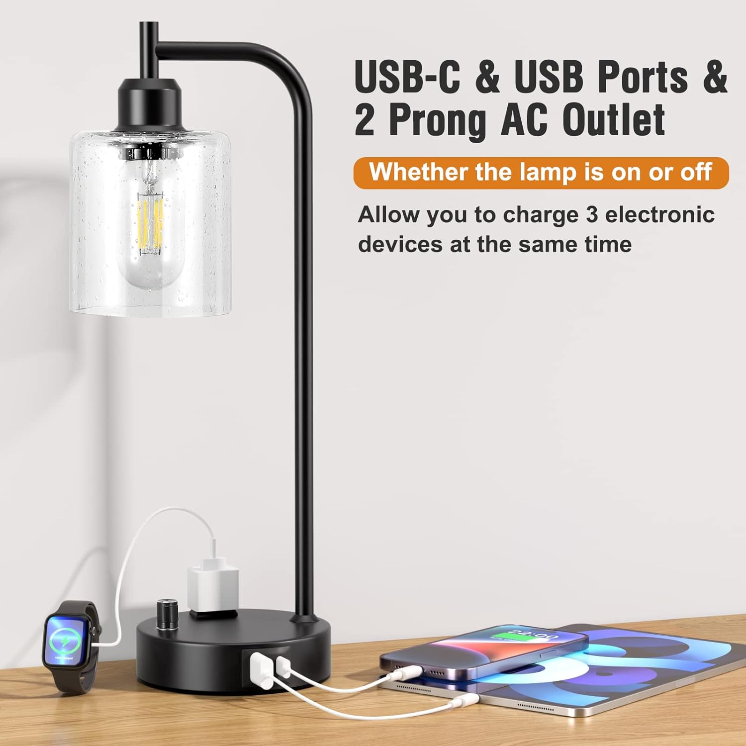 Industrial Bedside Lamps Set of 2, Fully Dimmable Desk Lamps for Bedroom | Glass Shade, USB C+A Charging Port & Outlet, Black Nightstand Table Lamps for Living Room, Office, Reading, Vintage - Image 6
