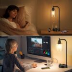 Industrial Bedside Lamps Set of 2, Fully Dimmable Desk Lamps for Bedroom | Glass Shade, USB C+A Charging Port & Outlet, Black Nightstand Table Lamps for Living Room, Office, Reading, Vintage - Image 7