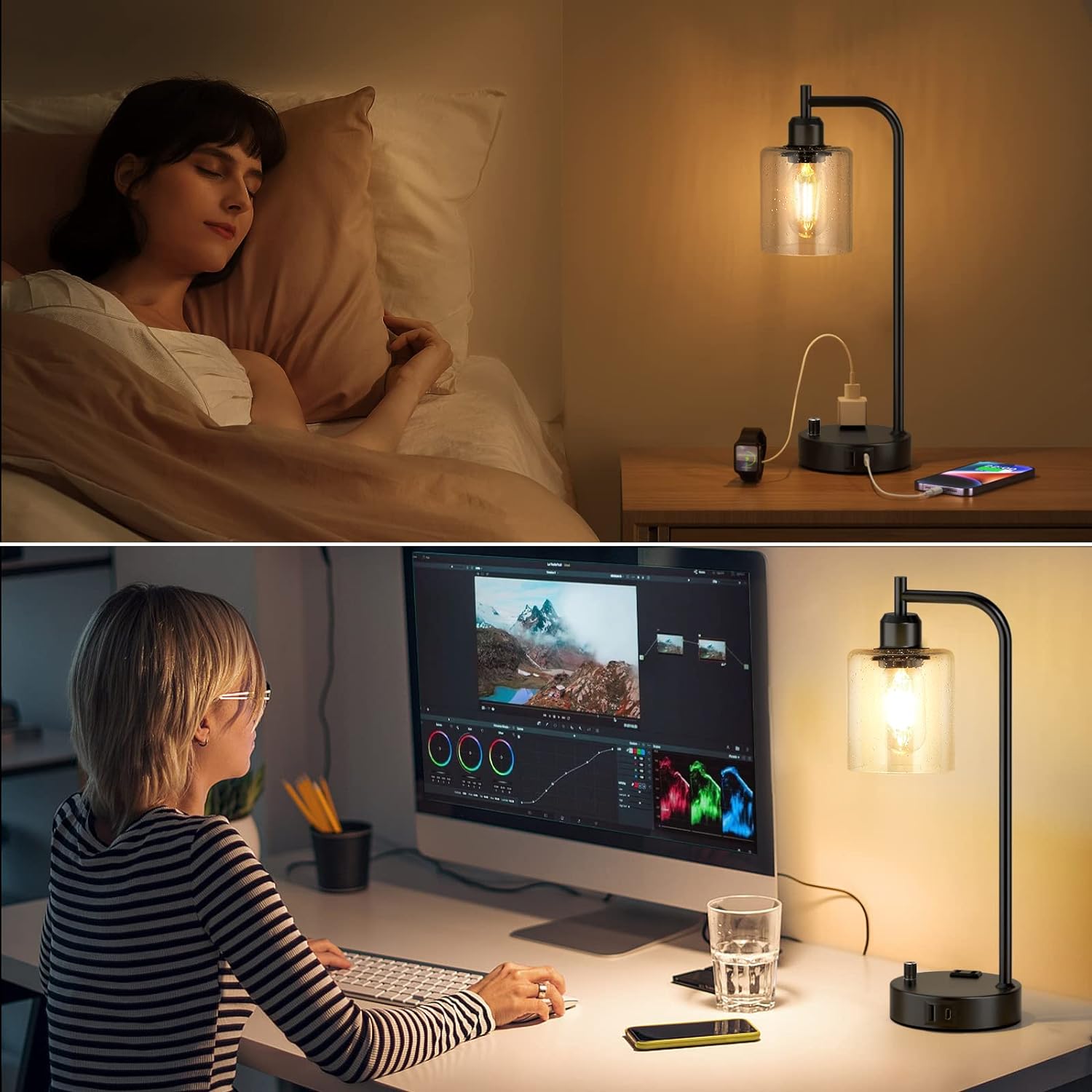 Industrial Bedside Lamps Set of 2, Fully Dimmable Desk Lamps for Bedroom | Glass Shade, USB C+A Charging Port & Outlet, Black Nightstand Table Lamps for Living Room, Office, Reading, Vintage - Image 7