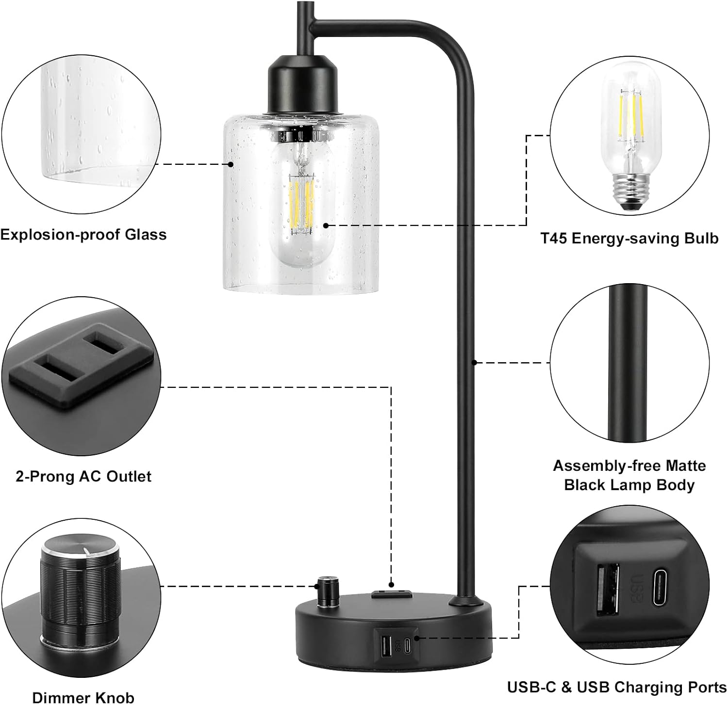 Industrial Bedside Lamps Set of 2, Fully Dimmable Desk Lamps for Bedroom | Glass Shade, USB C+A Charging Port & Outlet, Black Nightstand Table Lamps for Living Room, Office, Reading, Vintage - Image 8