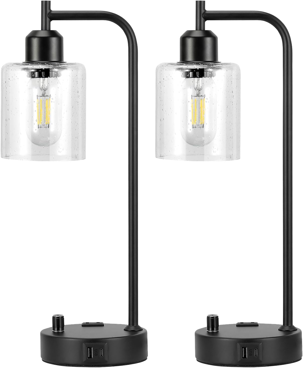 Industrial Bedside Lamps Set of 2, Fully Dimmable Desk Lamps for Bedroom | Glass Shade, USB C+A Charging Port & Outlet, Black Nightstand Table Lamps for Living Room, Office, Reading, Vintage - Image 9