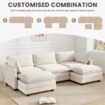 112'' Sectional Modular Cloud Couch, Oversized 5 Seat Couches U Shaped Sofa with 2 Movable Ottomans, 2 Throw Pillows, Upholstered Corduroy U Shape Comfy Deep Couches for Living Room and Office, Beige - Image 7
