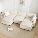 112'' Sectional Modular Cloud Couch, Oversized 5 Seat Couches U Shaped Sofa with 2 Movable Ottomans, 2 Throw Pillows, Upholstered Corduroy U Shape Comfy Deep Couches for Living Room and Office, Beige - Image 10