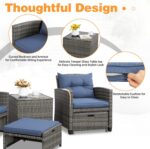 Shintenchi 5 Pieces Patio Furniture Set, Outdoor Wicker Patio Conversation Set with Ottoman, All Weather Rattan Outside Chairs with Coffee Table & Cushion for Porch, Garden, Backyard, Navy - Image 6