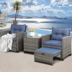 Shintenchi 5 Pieces Patio Furniture Set, Outdoor Wicker Patio Conversation Set with Ottoman, All Weather Rattan Outside Chairs with Coffee Table & Cushion for Porch, Garden, Backyard, Navy - Image 7