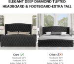 AMERLIFE Queen Size Bed Frame with Velvet Upholstered Wingback Headboard | Handmade Deep Button Tufted & Nailhead Trim Footboard for Bedroom, No Box Spring Needed, Black - Image 7