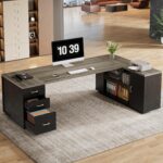 Tribesigns 85.8-Inch L-Shaped Executive Desk, Grey & Black | Extra Large Commercial Office Desk with File Drawers, Cabinet, Shelves, Modern Professional Office Table, Business Furniture - Image 4
