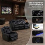 3-Piece Leather Power Recliner Sofa Set for Living Room with USB Ports,LED Ambient Lighting & Storage Console,Modern Ergonomic Sectional Couch,Home Theater Seating (Black) - Image 8