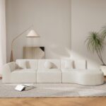 Merax 140" Curved Polyester Sectional Sofa Set, Modern Cloud Couch with Chaise Lounge & 3 Pillows, Fully Assembled for Living Room, Beige - Image 4
