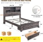 Queen Size Bed Frame with 54" Tall Headboard with 4 Storage Rack, 2 Drawers | 18"Roman Column Decoration Footboard 2Large Footboard Drawers, Wood Platform Bed Frame, No Box Spring Needed(Dark Rustic Oak) - Image 3