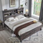Queen Size Bed Frame with 54" Tall Headboard with 4 Storage Rack, 2 Drawers | 18"Roman Column Decoration Footboard 2Large Footboard Drawers, Wood Platform Bed Frame, No Box Spring Needed(Dark Rustic Oak) - Image 4