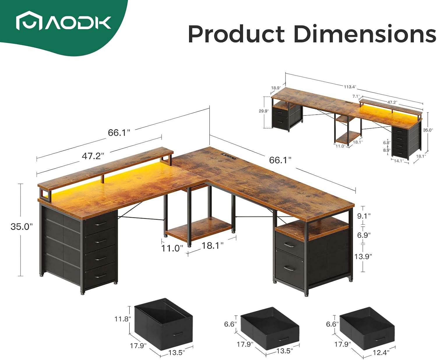 AODK 66" L Shaped Computer Desk, 113“ Reversible Home Office Desk with File Cabinet & 4 Fabric Drawers, Two Person Desk with LED Lights & Power Outlet, Corner Gaming Desk with Monitor Shelf, Vintage - Image 3