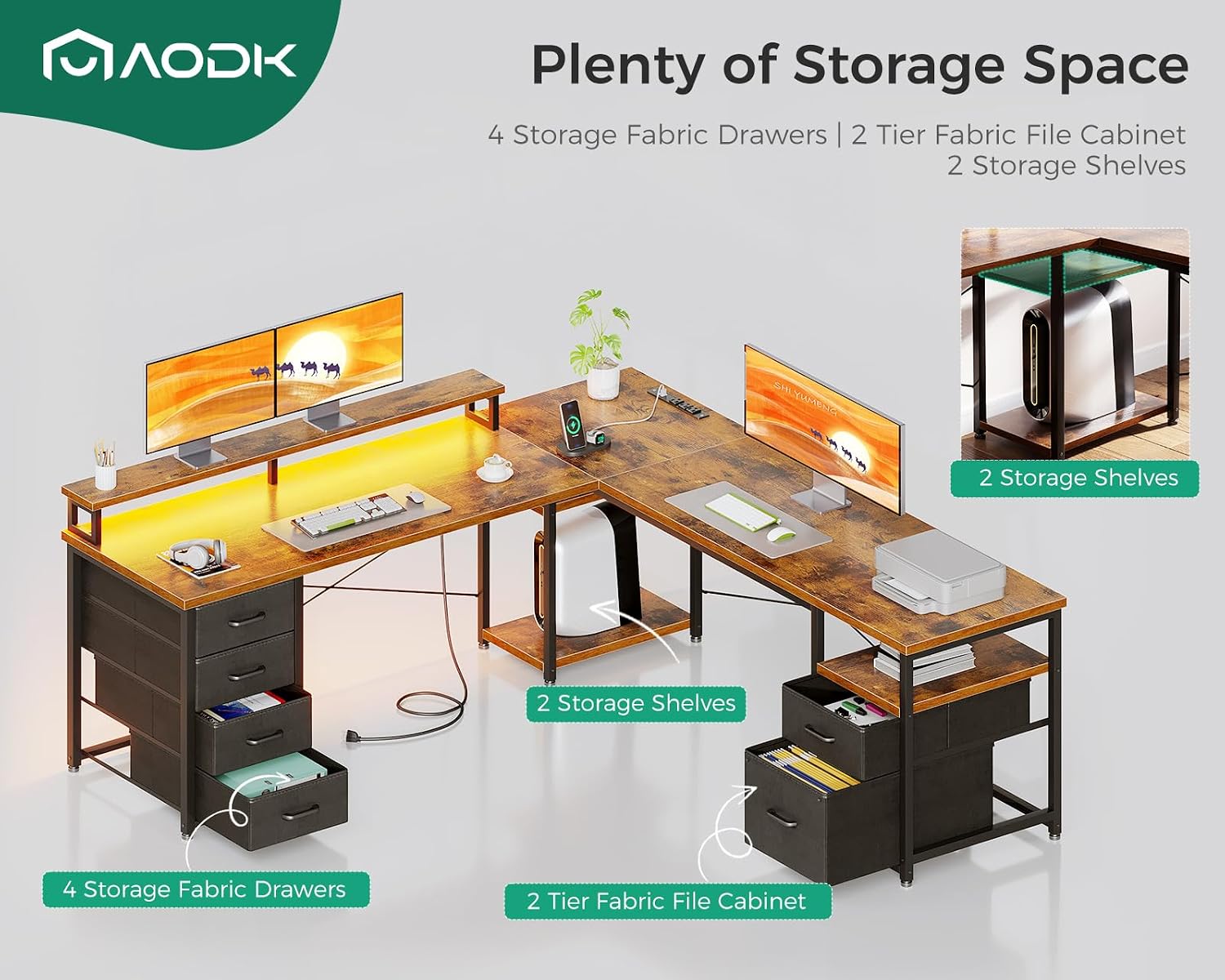 AODK 66" L Shaped Computer Desk, 113“ Reversible Home Office Desk with File Cabinet & 4 Fabric Drawers, Two Person Desk with LED Lights & Power Outlet, Corner Gaming Desk with Monitor Shelf, Vintage - Image 4