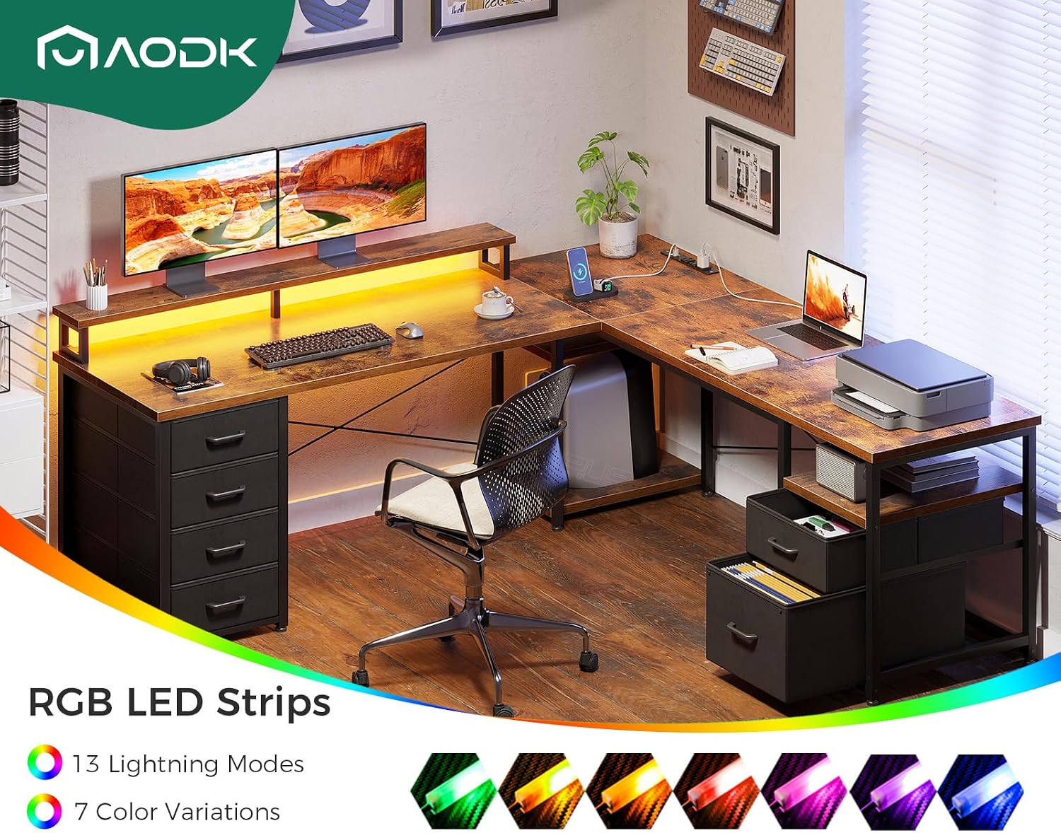 AODK 66" L Shaped Computer Desk, 113“ Reversible Home Office Desk with File Cabinet & 4 Fabric Drawers, Two Person Desk with LED Lights & Power Outlet, Corner Gaming Desk with Monitor Shelf, Vintage - Image 7