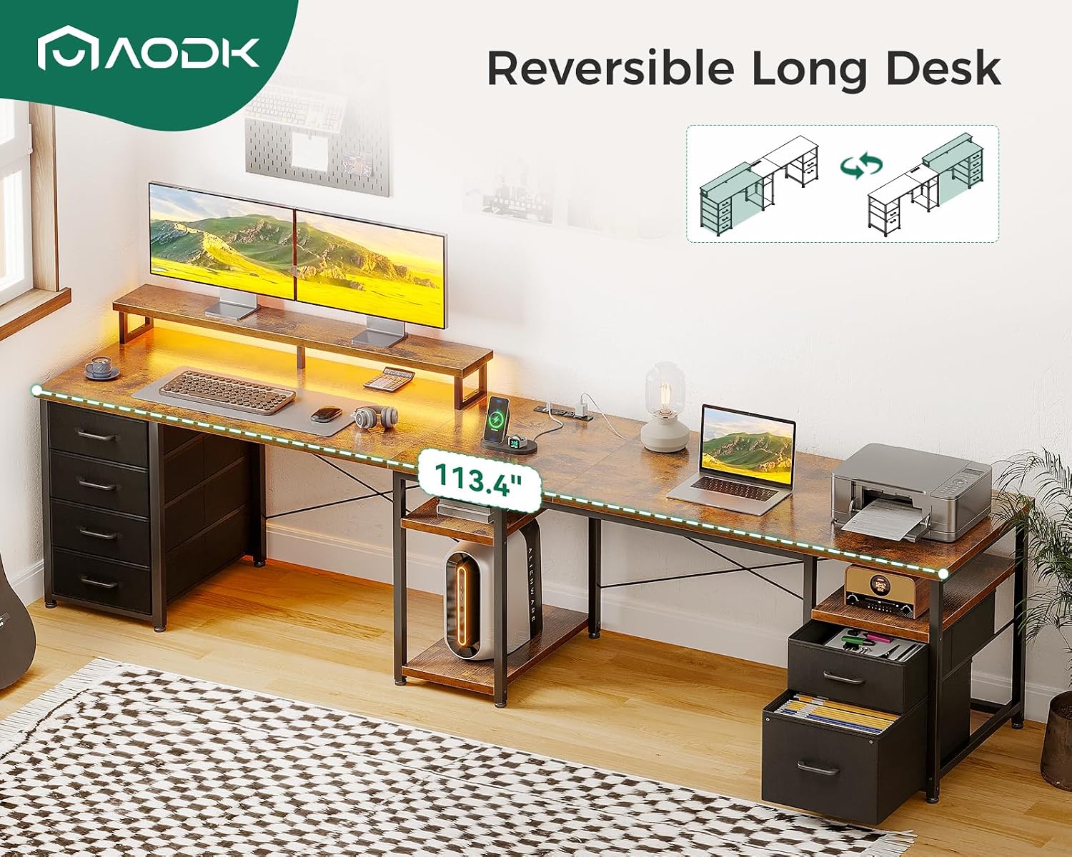 AODK 66" L Shaped Computer Desk, 113“ Reversible Home Office Desk with File Cabinet & 4 Fabric Drawers, Two Person Desk with LED Lights & Power Outlet, Corner Gaming Desk with Monitor Shelf, Vintage - Image 8