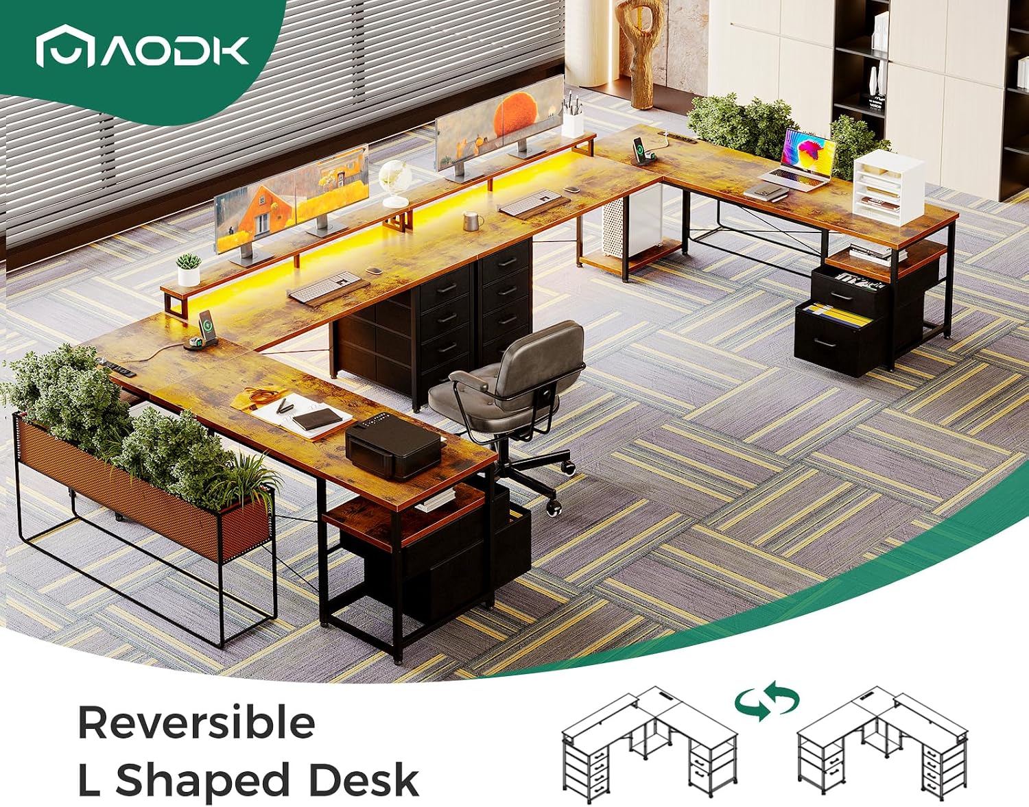 AODK 66" L Shaped Computer Desk, 113“ Reversible Home Office Desk with File Cabinet & 4 Fabric Drawers, Two Person Desk with LED Lights & Power Outlet, Corner Gaming Desk with Monitor Shelf, Vintage - Image 9