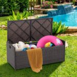 Tangkula 34 Gallon Outdoor Storage Bench with Seat Cushion, Patio Mix Brown Wicker Deck Box with Waterproof Liner and Side Handles, Outdoor Storage Bench for Cushions, Garden Tools, Pool Accessories - Image 4