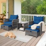 5 Pieces Wicker Outdoor Patio Chairs with Ottomans, All Weather PE Rattan Outdoor Conversation Set Bistro Patio Furniture Set with Hidden Ottoman for Porch Backyard Balcony, Blue - Image 3