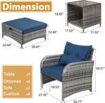 5 Pieces Wicker Outdoor Patio Chairs with Ottomans, All Weather PE Rattan Outdoor Conversation Set Bistro Patio Furniture Set with Hidden Ottoman for Porch Backyard Balcony, Blue - Image 5