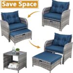 5 Pieces Wicker Outdoor Patio Chairs with Ottomans, All Weather PE Rattan Outdoor Conversation Set Bistro Patio Furniture Set with Hidden Ottoman for Porch Backyard Balcony, Blue - Image 7