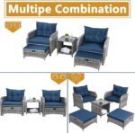 5 Pieces Wicker Outdoor Patio Chairs with Ottomans, All Weather PE Rattan Outdoor Conversation Set Bistro Patio Furniture Set with Hidden Ottoman for Porch Backyard Balcony, Blue - Image 8
