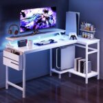 DUMOS L Shaped Gaming Desk, 48" Computer Desks with Storage Shelves | Coner Desk with USB Charging Ports, Power Outlets, LED Lights and Monitor Stand for Home Office, White - Image 3