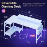 DUMOS L Shaped Gaming Desk, 48" Computer Desks with Storage Shelves | Coner Desk with USB Charging Ports, Power Outlets, LED Lights and Monitor Stand for Home Office, White - Image 4