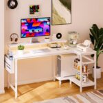 DUMOS L Shaped Gaming Desk, 48" Computer Desks with Storage Shelves | Coner Desk with USB Charging Ports, Power Outlets, LED Lights and Monitor Stand for Home Office, White - Image 9