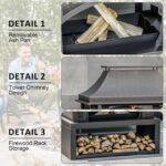 Panovue 39 Inch Fire Pits with Outdoor Chimney and Wood Storage | Large Outdoor Fireplace, Mesh Spark Screen, Fire Poker Included, Built-In Log Storage, For Backyard Patio Camping - Image 6
