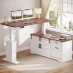 SEDETA Farmhouse 55 inch L Shaped Standing Desk with Storage Drawers | Height Adjustable Corner Computer Desk with Power Outlets, Sliding Bar Door for Home Office, White - Image 4