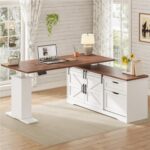 SEDETA Farmhouse 55 inch L Shaped Standing Desk with Storage Drawers | Height Adjustable Corner Computer Desk with Power Outlets, Sliding Bar Door for Home Office, White - Image 10