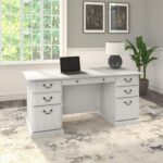 Bush Home Saratoga Executive Desk with Drawers in Linen White Oak - Image 3