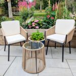 Yaheetech 3 Piece Patio Rattan Bistro Set, Outdoor All Weather PE Wicker Conversation Furniture Set with 2 Chairs & Tempered Glass Top Table & Cushions, for Poolside/Porch/Garden/Yard, Tan/Cream - Image 3