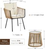 Yaheetech 3 Piece Patio Rattan Bistro Set, Outdoor All Weather PE Wicker Conversation Furniture Set with 2 Chairs & Tempered Glass Top Table & Cushions, for Poolside/Porch/Garden/Yard, Tan/Cream - Image 4