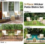 Yaheetech 3 Piece Patio Rattan Bistro Set, Outdoor All Weather PE Wicker Conversation Furniture Set with 2 Chairs & Tempered Glass Top Table & Cushions, for Poolside/Porch/Garden/Yard, Tan/Cream - Image 7