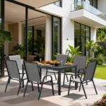 Pamapic Outdoor Dining Sets for 6, Rectangular Steel Slat Table with 6 Textilene Chairs, 7 Piece Patio Table and Chairs Set with Umbrella Hole for Patio, Backyard, Poolside (Grey, No Umbrella) - Image 4