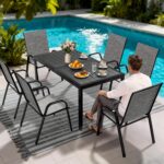 Pamapic Outdoor Dining Sets for 6, Rectangular Steel Slat Table with 6 Textilene Chairs, 7 Piece Patio Table and Chairs Set with Umbrella Hole for Patio, Backyard, Poolside (Grey, No Umbrella) - Image 5