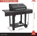 Megamaster Cart 5 Burner Gas Grill, Side Tables with Accessory Hooks, Black | Offers 50000 BTUs, Built-In Thermometer, Electronic Ignition, 656 SQ. In. Cooking Space, Fit 20 lb Tank, 2 Wheel Transport - Image 6